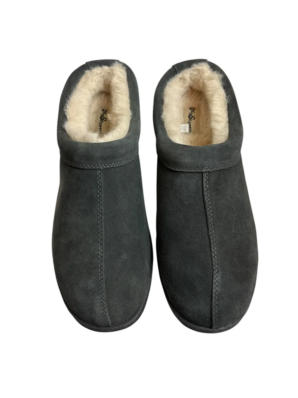 My Slippers by My Pillow Slip On Clogs Suede Leather Faux Fur Dark Gray Size 13